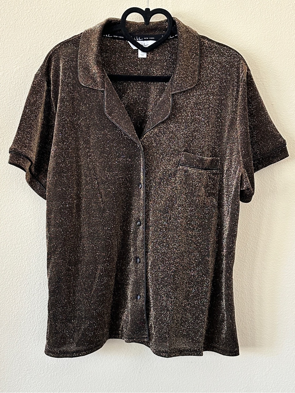 Nicole Miller Brown Metallic Shimmer Button-Up Top & Shorts Pajama Set Size XL